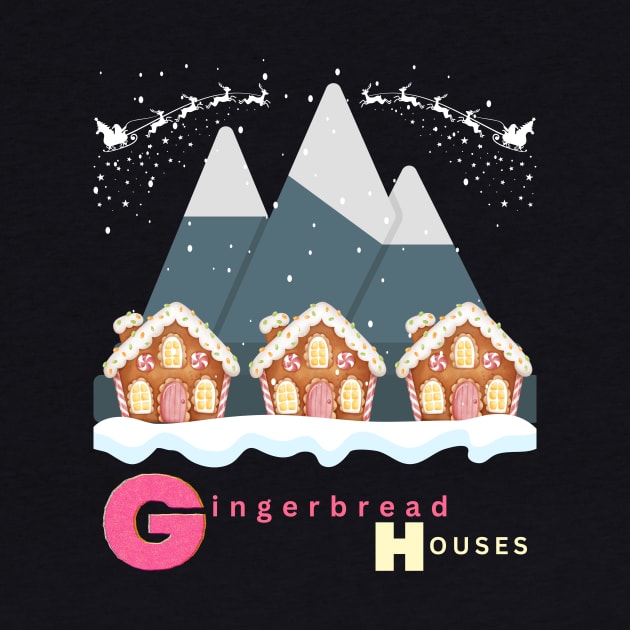 Three Gingerbread Houses in Front of a Mountain by Tee Trendz